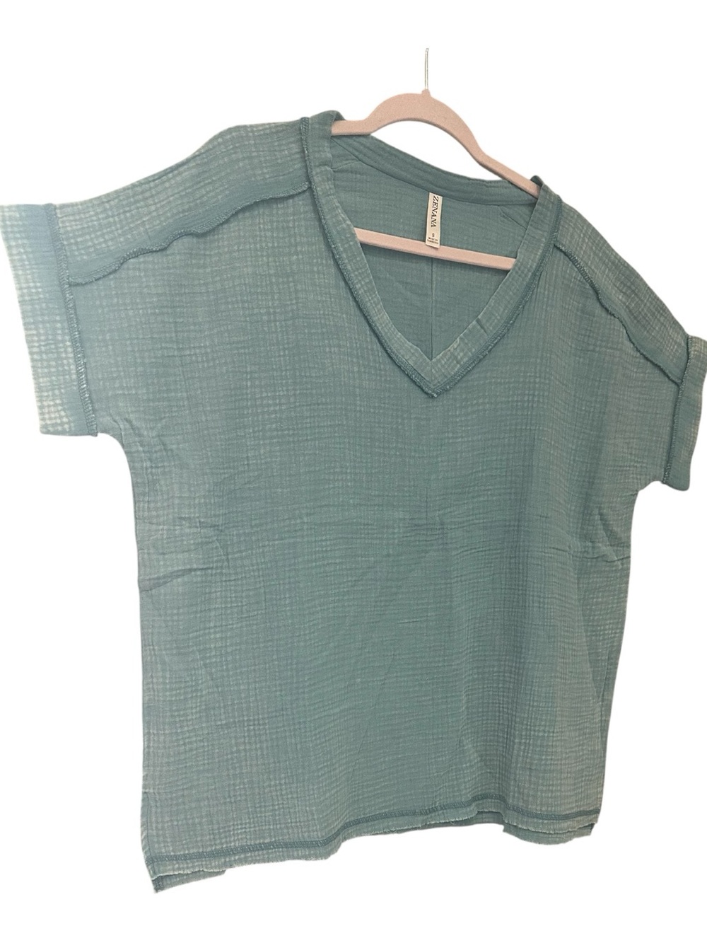 Zenana Dusty Teal Acid Wash Loose Fit Double Gauze Cuffed Top - Picture 4 of 5
